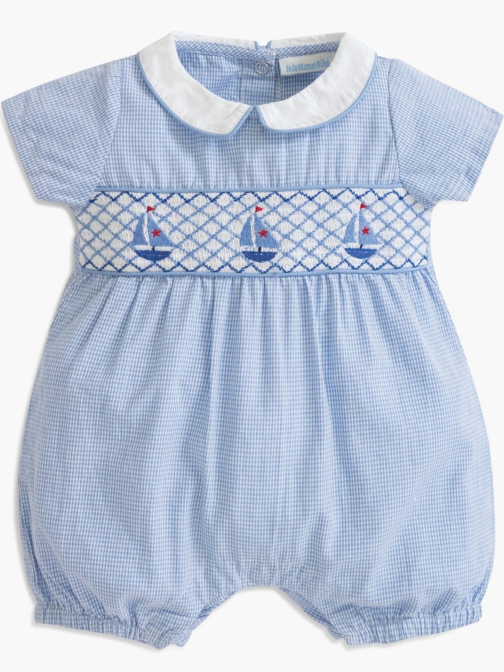 JoJo Maman Bebe Light Blue & White Smocked Sailboat Romper